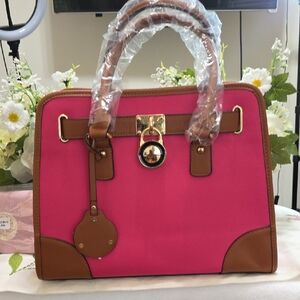 Pink and Brown Women's Handbag & Wallet
